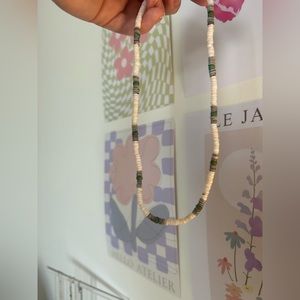 Beaded Screw Necklace w/ Green and White beads.